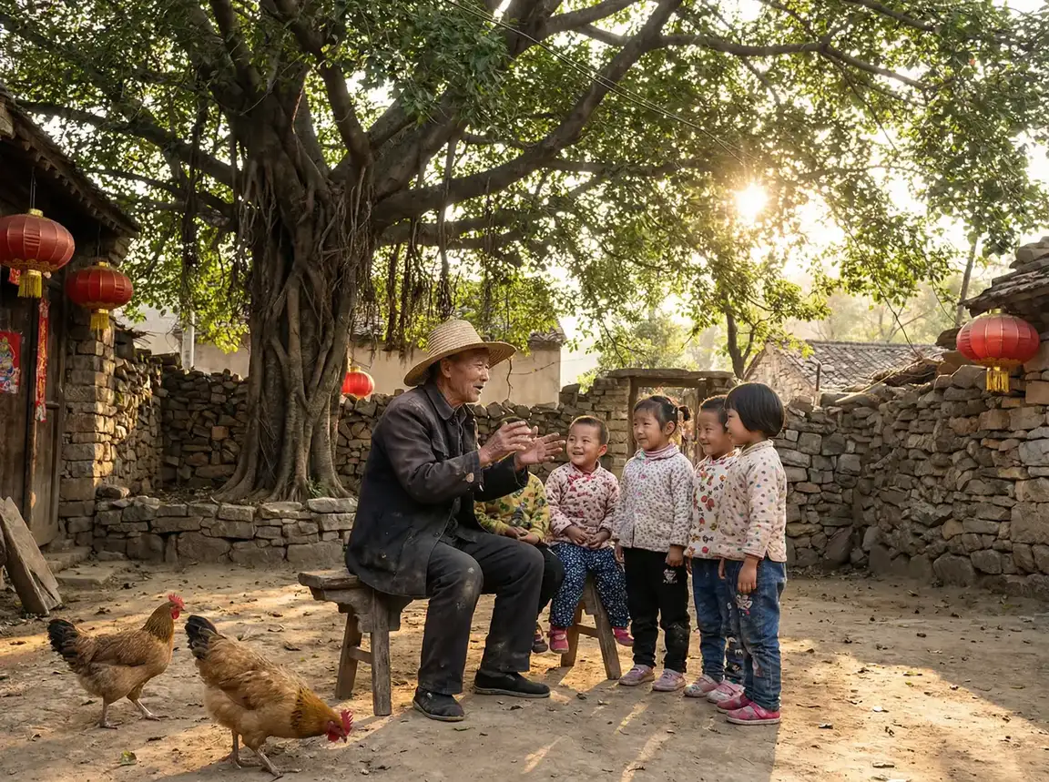 老人在大榕树下给孩子们讲故事 - 秋葵小蝌蚪榴莲富二代站长统计 乡村记忆